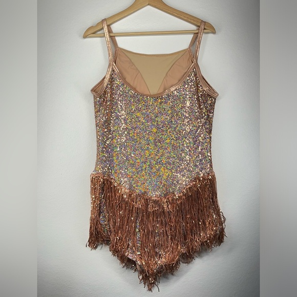 Weissman Rose Gold Jazz Sequins Fringe Skirt Dress Leotard Dance Costume NEW - Picture 5 of 15